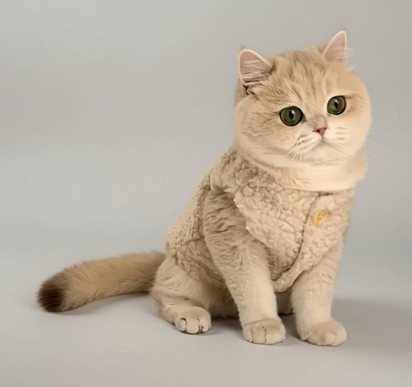 Chat portant un gilet chaud pour chat d'Oscar et Plume, douillet et élégant sur un lit