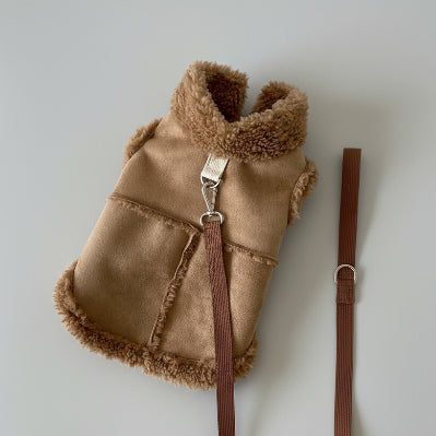 Gilet chien chaud en fausse fourrure marron avec col douillet et attache en métal