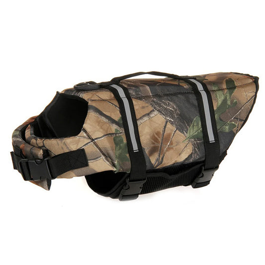 Gilet de sauvetage chien camouflage de la marque Oscar et Plume avec sangles ajustables et poignée de transport