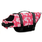 Gilet de sauvetage chien rose avec motifs floraux blancs et sangles ajustables pour sécurité aquatique