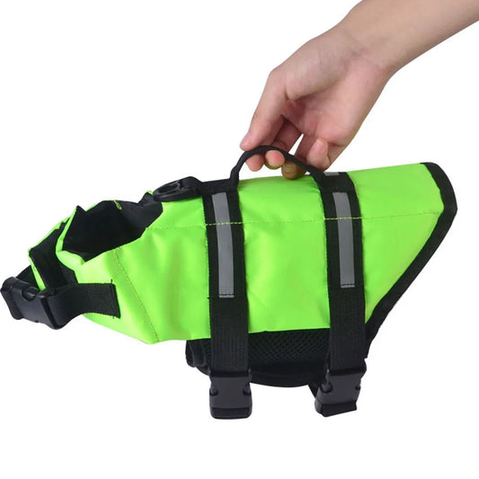 Gilet de sauvetage chien vert fluo avec poignées et sangles réglables pour sécurité aquatique