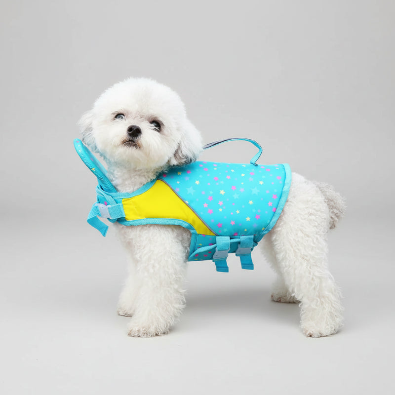 Gilet de sauvetage pour chien Oscar et Plume en bleu et jaune avec motifs à pois pour la sécurité aquatique