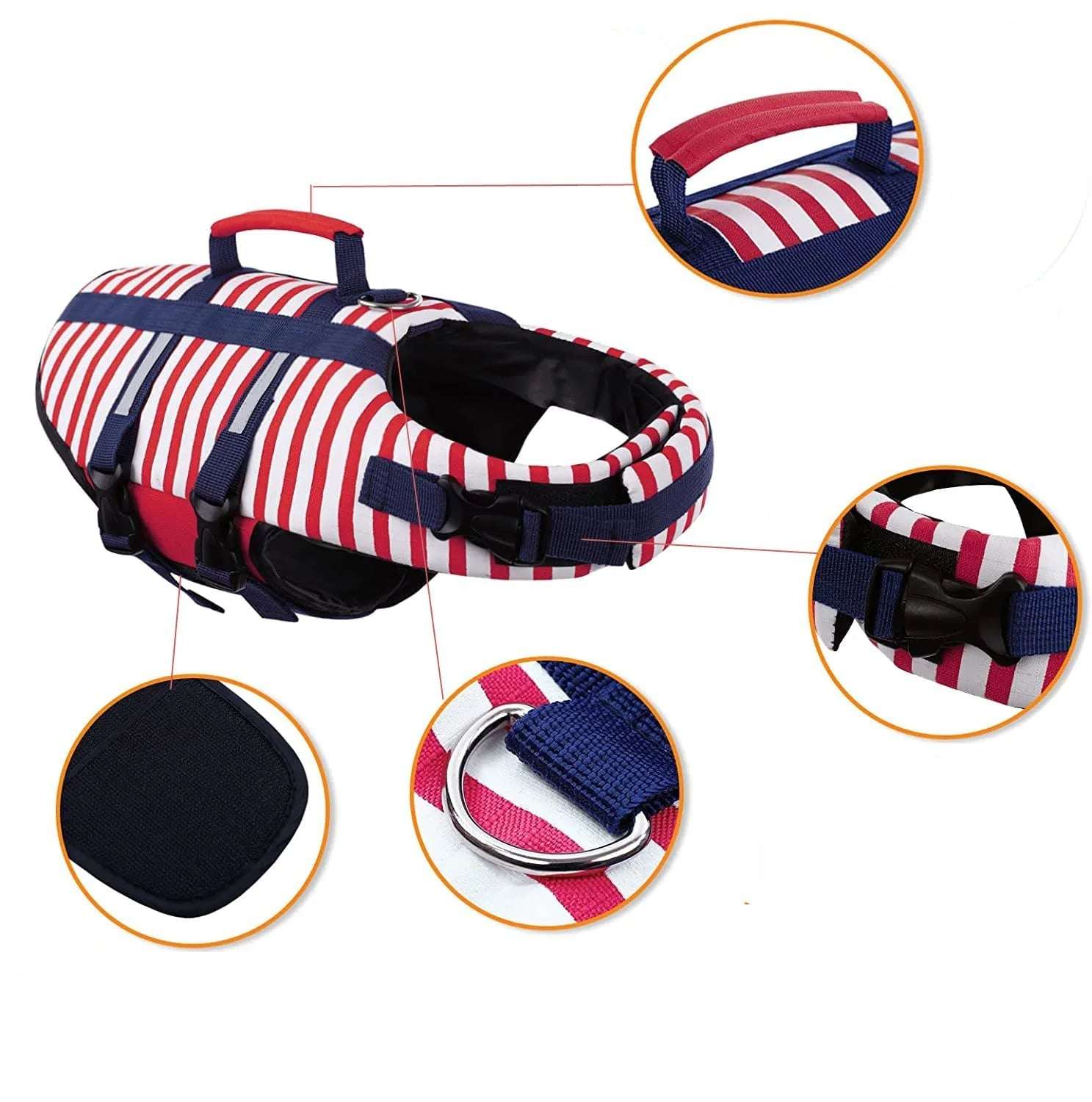 Gilet de sauvetage pour chien rayé rouge blanc et bleu avec poignées et attaches sécurisées