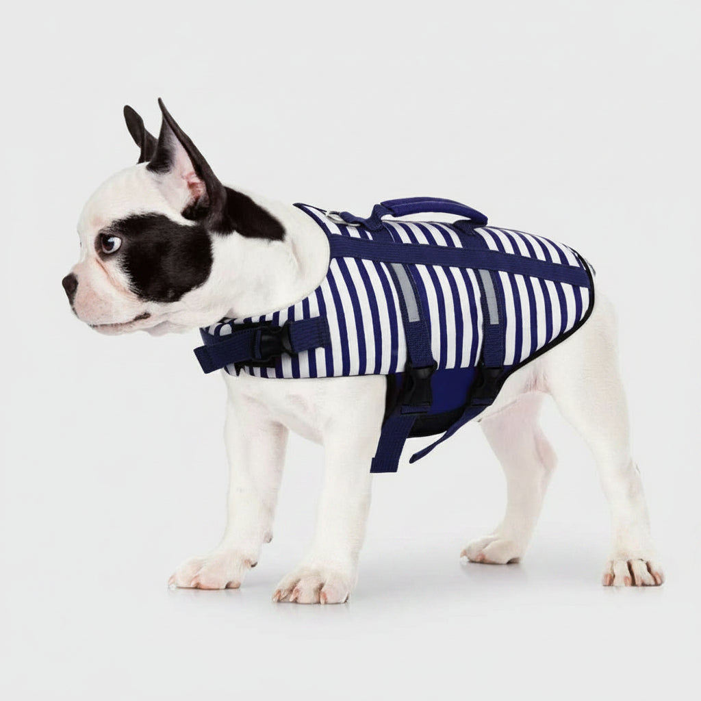 Gilet de sauvetage pour chien rayé bleu avec poignées et sangles réglables sur un bouledogue français