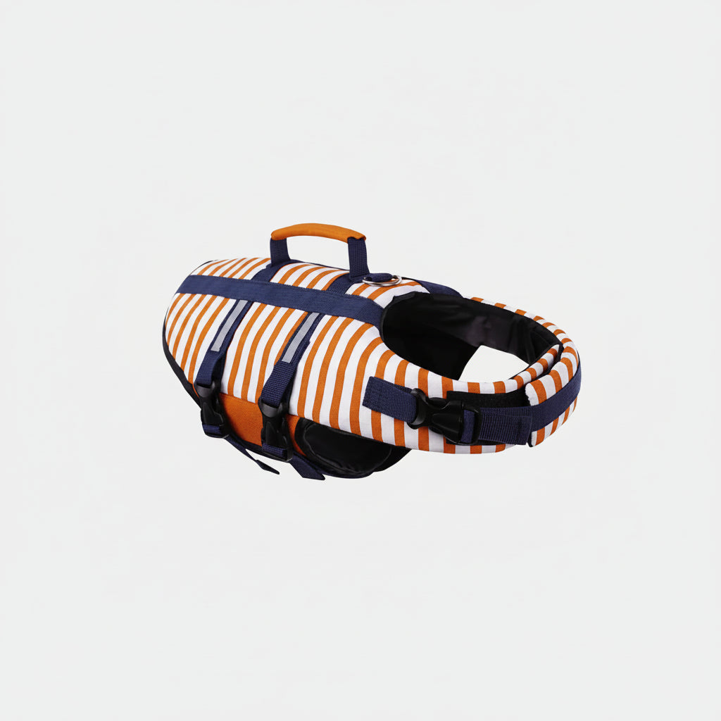Gilet de sauvetage pour chien Oscar et Plume rayé orange et blanc avec poignées et sangles réglables