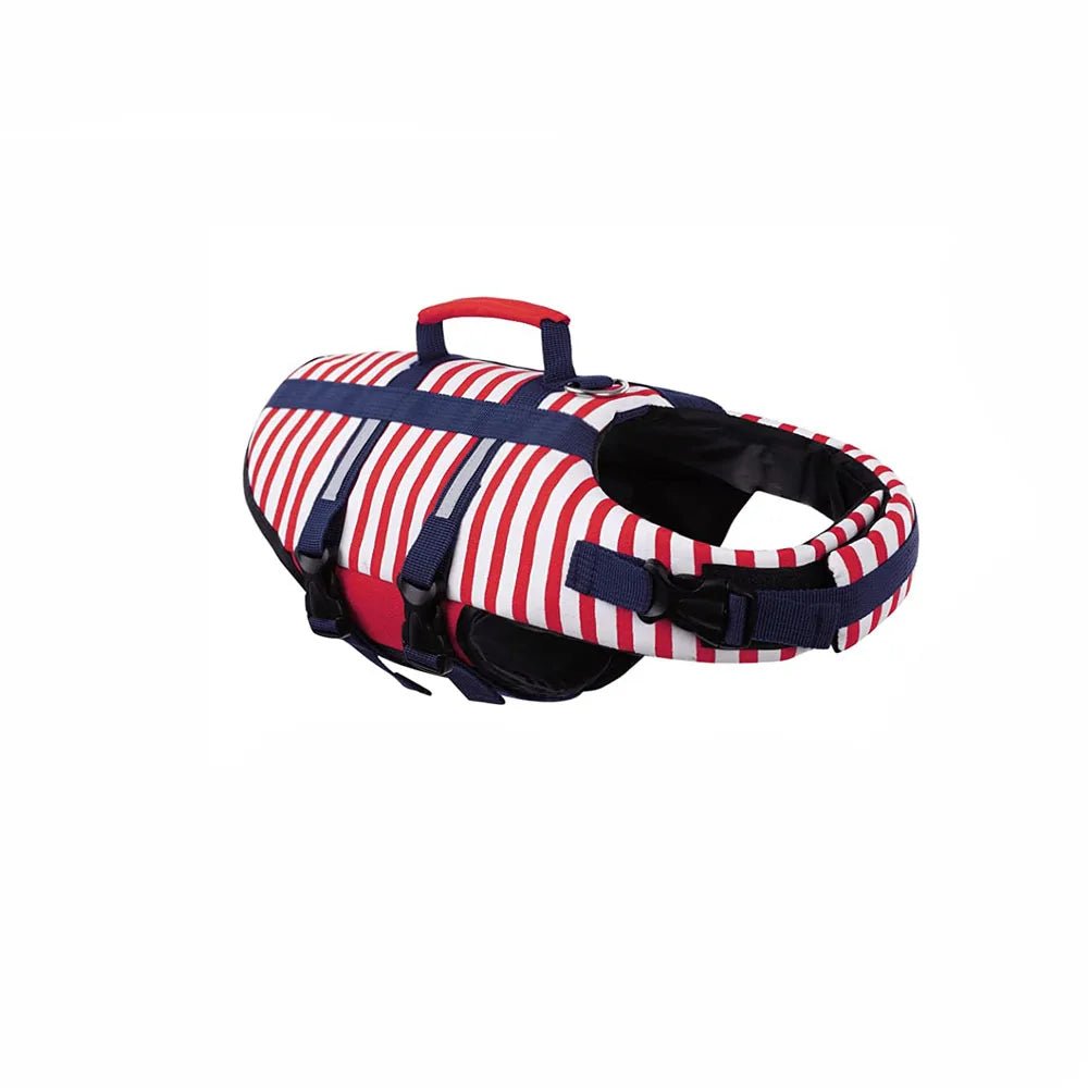 Gilet de sauvetage pour chien rouge et blanc à rayures avec poignée et sangles ajustables