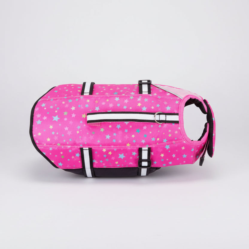 Gilet de sauvetage pour chien rose avec étoiles multicolores, idéal pour la sécurité en bord de mer