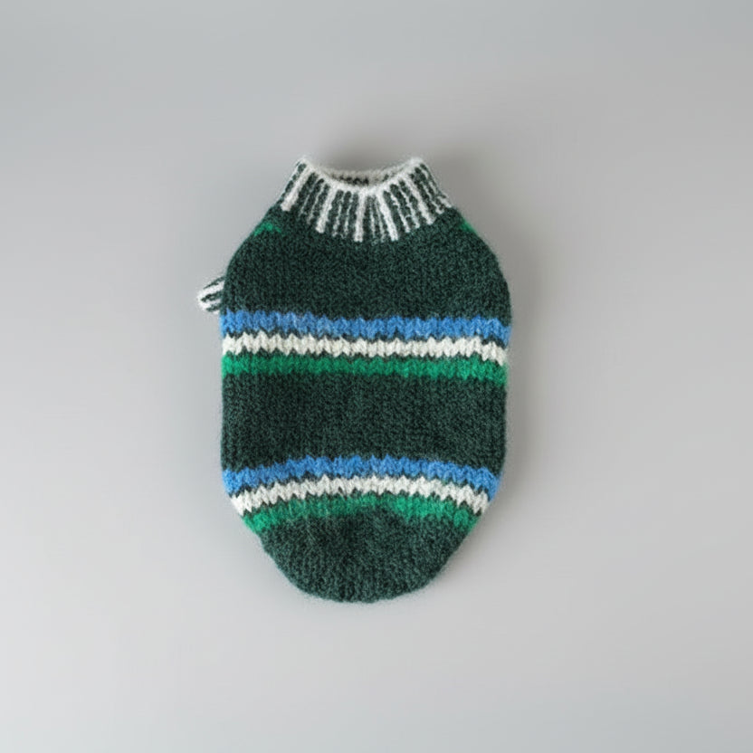 Gilet en laine pour chat vert et bleu avec un design rayé élégant et confortable