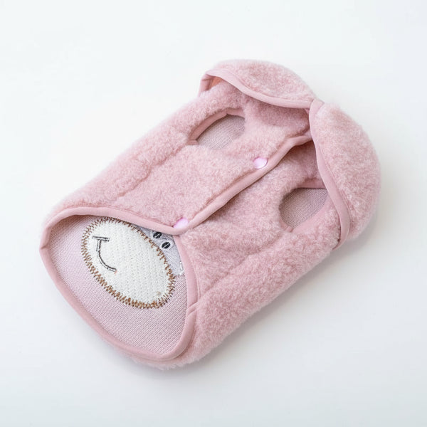 Gilet polaire pour chien rose douillet avec échancrures pour les pattes et motif de visage de mouton