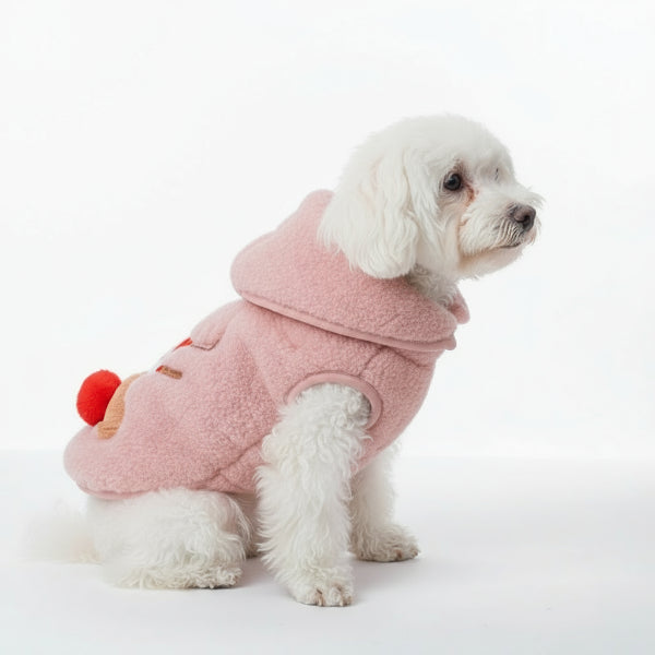 Gilet polaire pour chien rose avec capuche et pompon rouge pour tenir votre animal au chaud