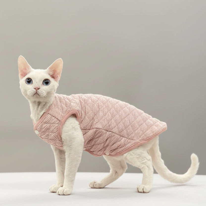 Gilet pour chat en tissu matelassé rose avec boutons, idéal pour le confort de votre animal