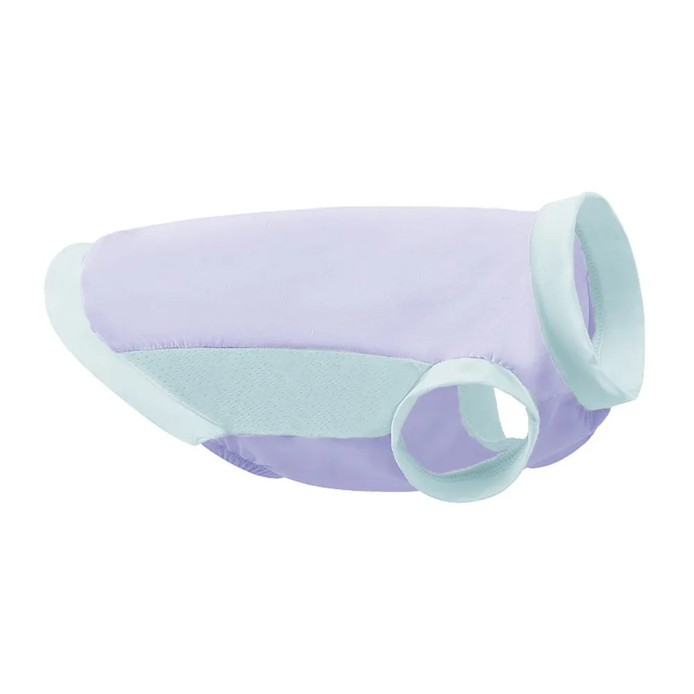 Gilet rafraîchissant chien et chat en violet avec des finitions bleu clair pour un confortable été