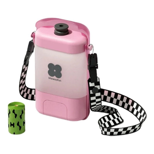Gourde de voyage chien et chat rose avec sangle à carreaux et rouleau de sacs à déjections
