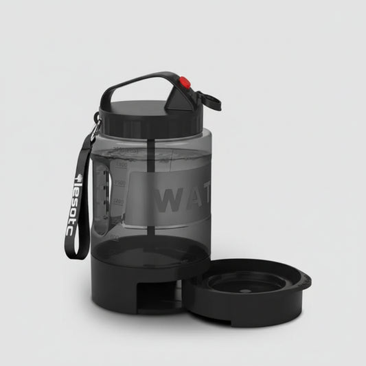 Gourde grande capacité chien en plastique noir avec compartiment pour eau et design pratique