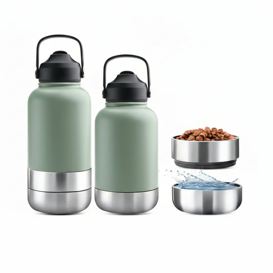 Gourde inox pour chien Oscar et Plume avec gamelles intégrées pour l'eau et les croquettes