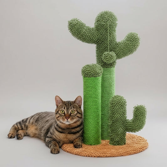 Griffoir cactus design vert avec jouet suspendu pour chat posé sur tapis orange par Oscar et Plume