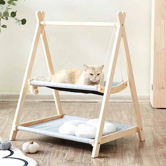 Hamac design pour chat en bois naturel à deux niveaux avec coussins confortables