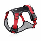 Harnais anti-traction pour chien en rouge et noir, conçu pour un contrôle optimal lors des promenades.