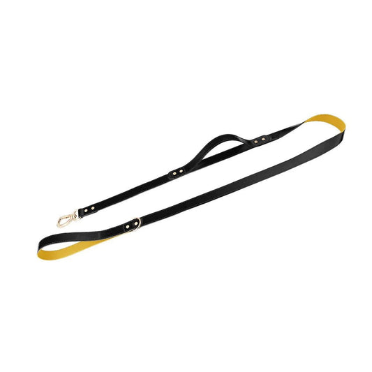 Harnais chien simili cuir noir avec logo doré, confortable et stylé pour des promenades élégantes.