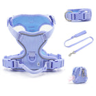 Harnais chien velours bleu lavande avec laisse, collier ajustable et petit sac de rangement