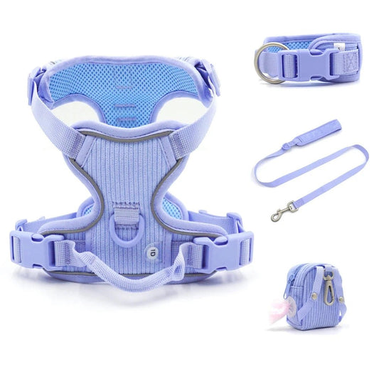 Harnais chien velours bleu lavande avec laisse, collier ajustable et petit sac de rangement