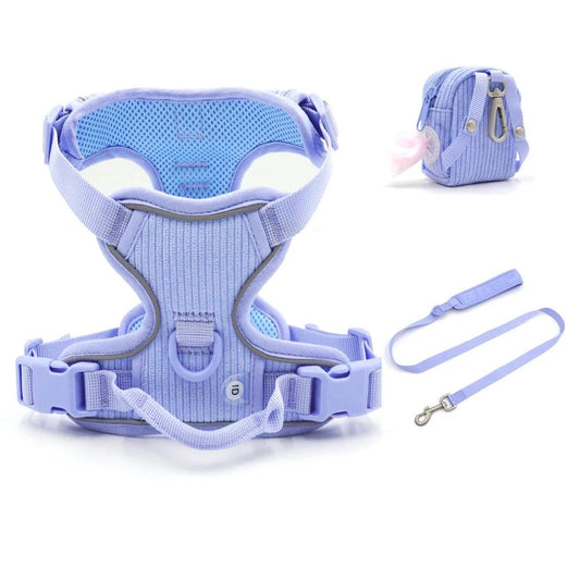 Harnais chien velours bleu clair avec laisse assortie et petite pochette par Oscar et Plume