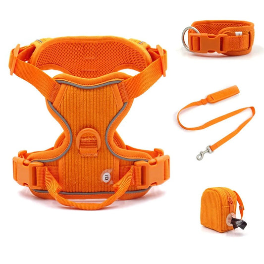 Harnais chien velours orange avec laisse assortie, collier et sac de rangement par Oscar et Plume