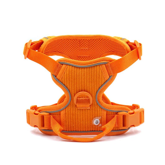 Harnais chien velours orange avec sangle réglable et poignée de la marque Oscar et Plume