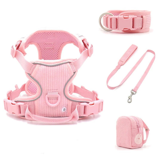 Harnais chien velours rose avec laisse assortie, collier et petite sacoche Oscar et Plume