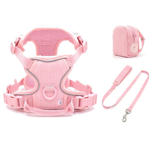 Harnais chien velours rose avec laisse assortie et petite pochette de la marque Oscar et Plume