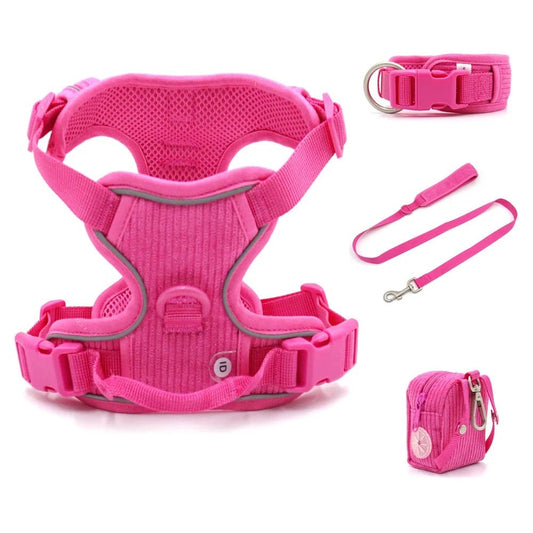 Harnais chien velours rose avec laisse, collier et sac assorti par Oscar et Plume