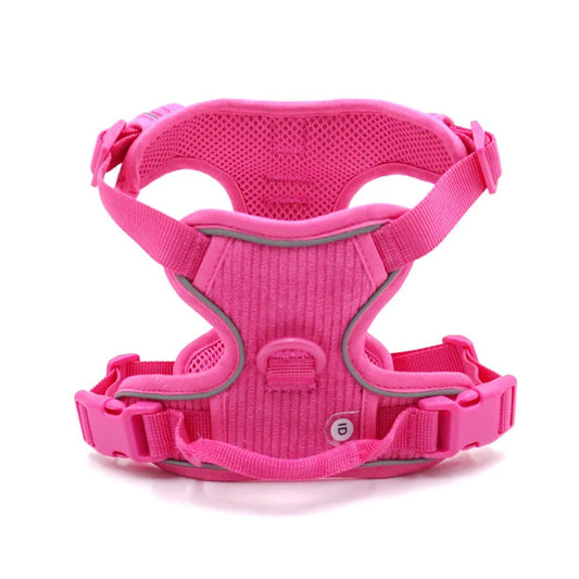 Harnais chien velours rose vif de la marque Oscar et Plume avec sangles réglables et design confortable