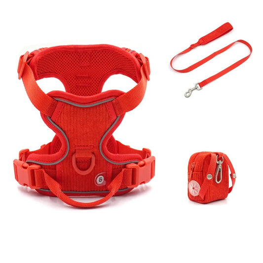 Harnais chien velours rouge Oscar et Plume avec laisse assortie et sac de rangement pratique