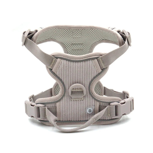 Harnais chien velours gris taupe avec double boucle de serrage et poignée de contrôle