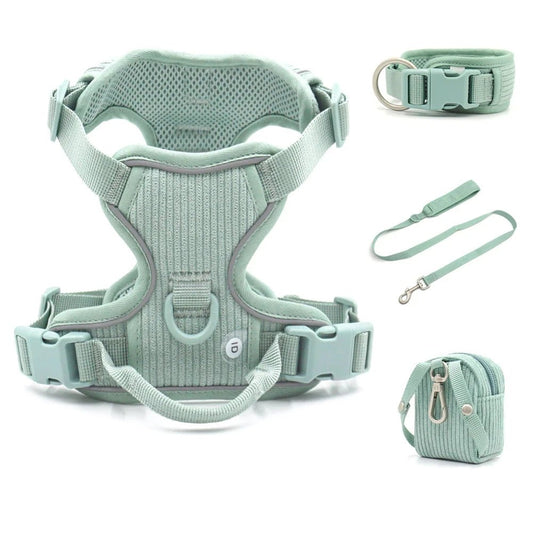 Harnais chien velours vert menthe avec laisse, collier et petite sacoche assortie Oscar et Plume
