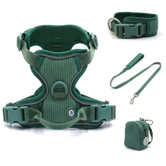 Harnais chien velours vert avec laisse, collier et sac assorti par Oscar et Plume