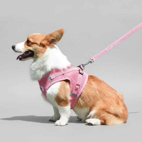 Harnais petit chien velours côtelé rose avec laisse assortie pour un confort optimal