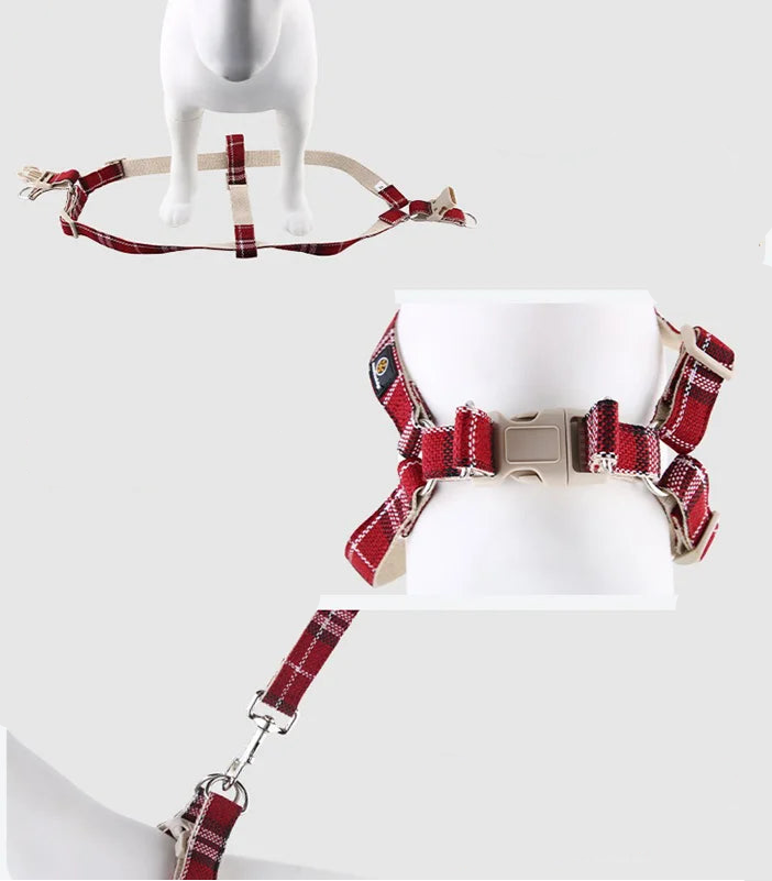 Oscar et Plume harnais pour chien coton rouge tartan réglable avec boucle rapide et attache métal étapes montage