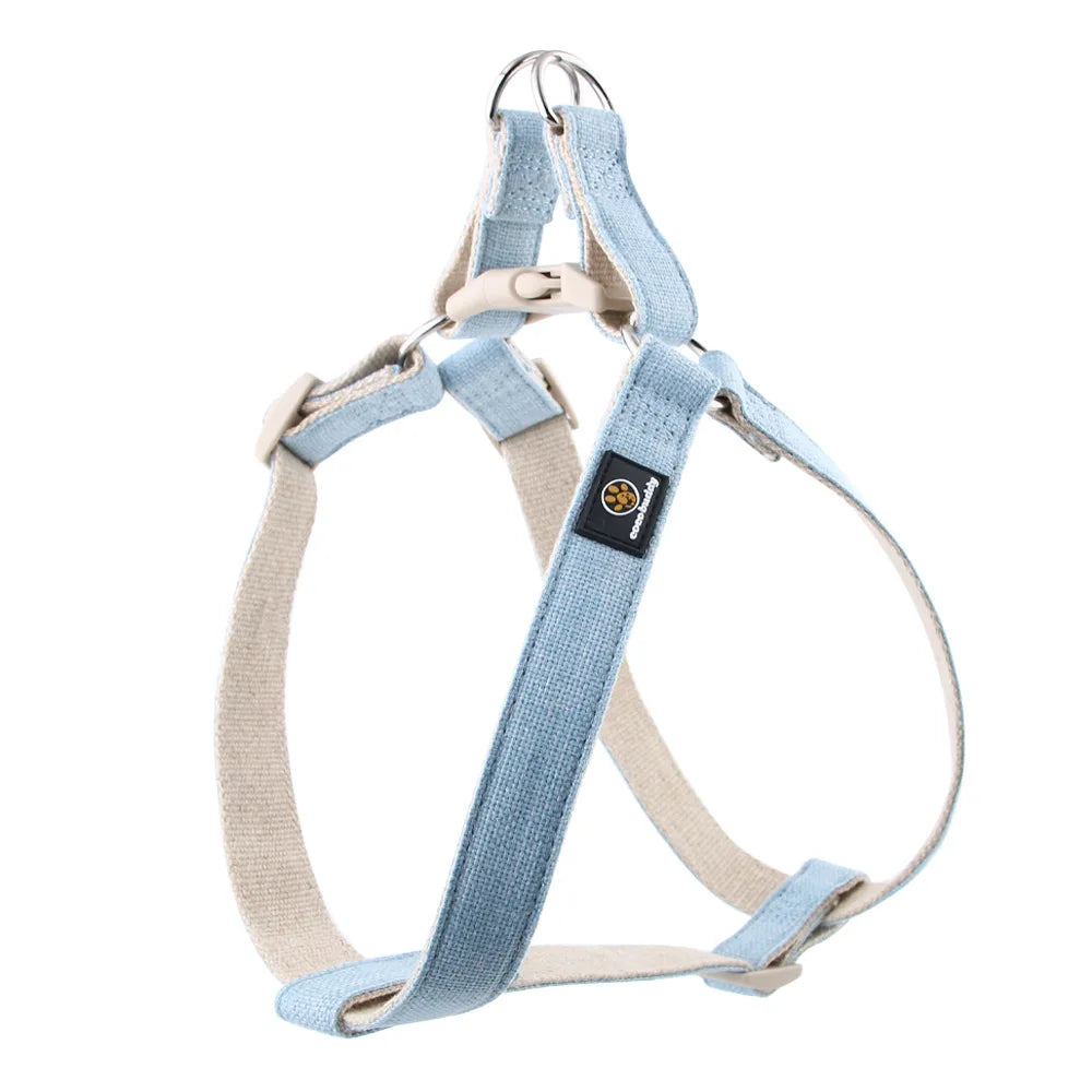 Oscar et Plume harnais pour chien coton bleu ciel réglable avec boucles et anneau métal