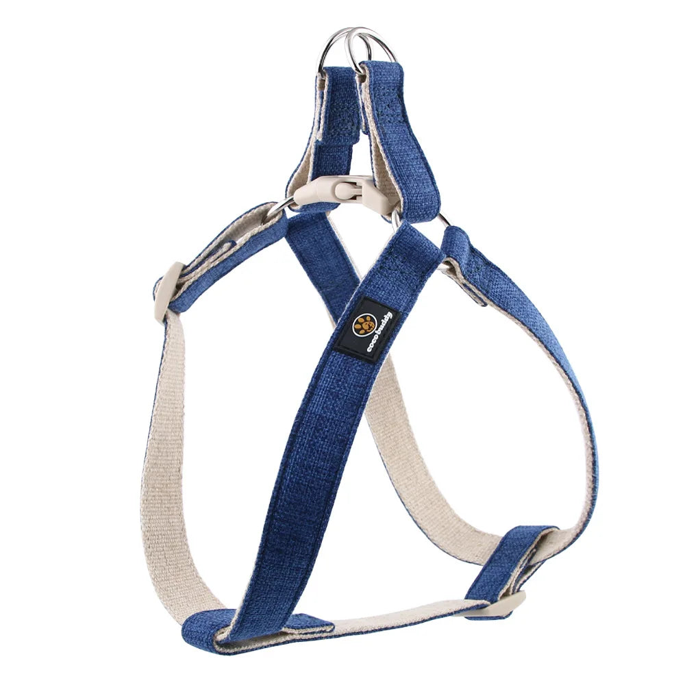 harnais pour chien coton Oscar et Plume bleu denim ajustable avec boucles plastique et anneaux metal