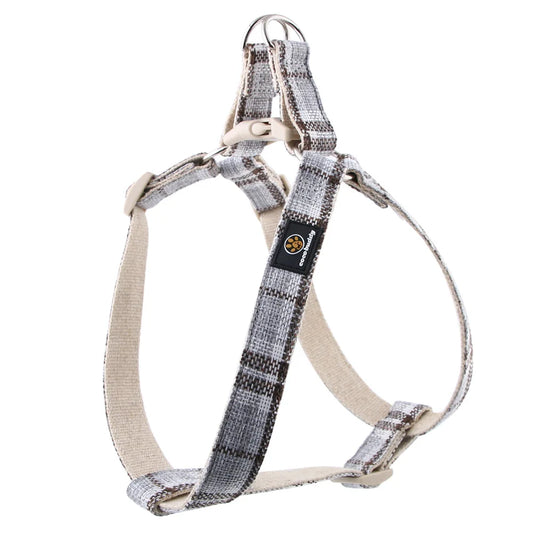 harnais pour chien coton Oscar et Plume motif tartan gris beige avec boucles ajustables et anneau metal
