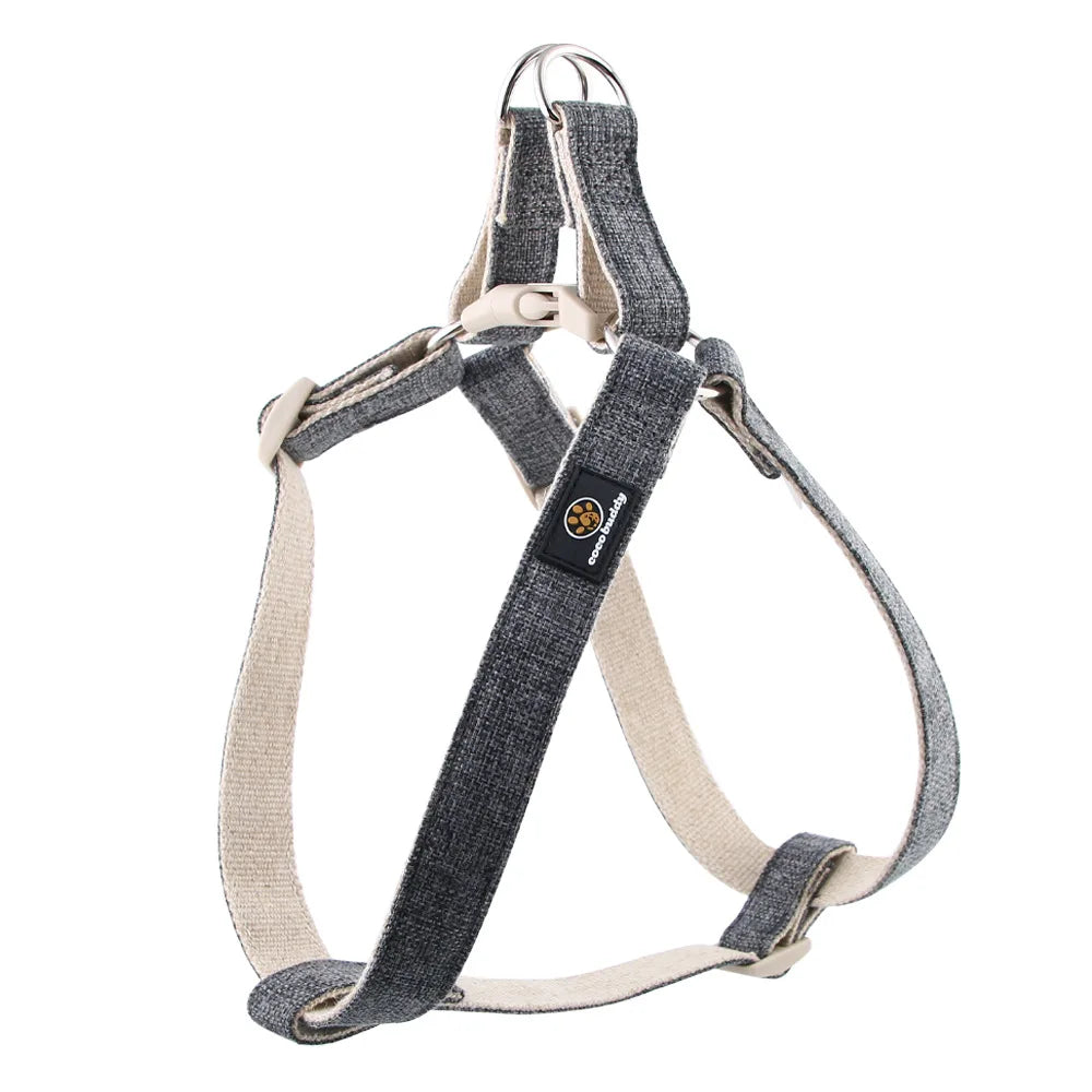 harnais pour chien coton gris Oscar et Plume avec sangles ajustables doublure beige boucle plastique et anneau métal