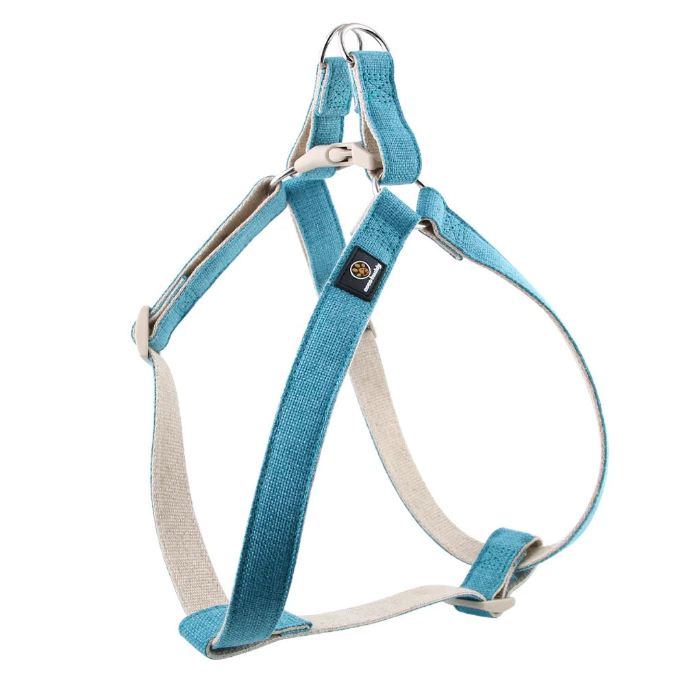 harnais pour chien coton bleu turquoise Oscar et Plume réglable avec doublure naturelle et anneau métal