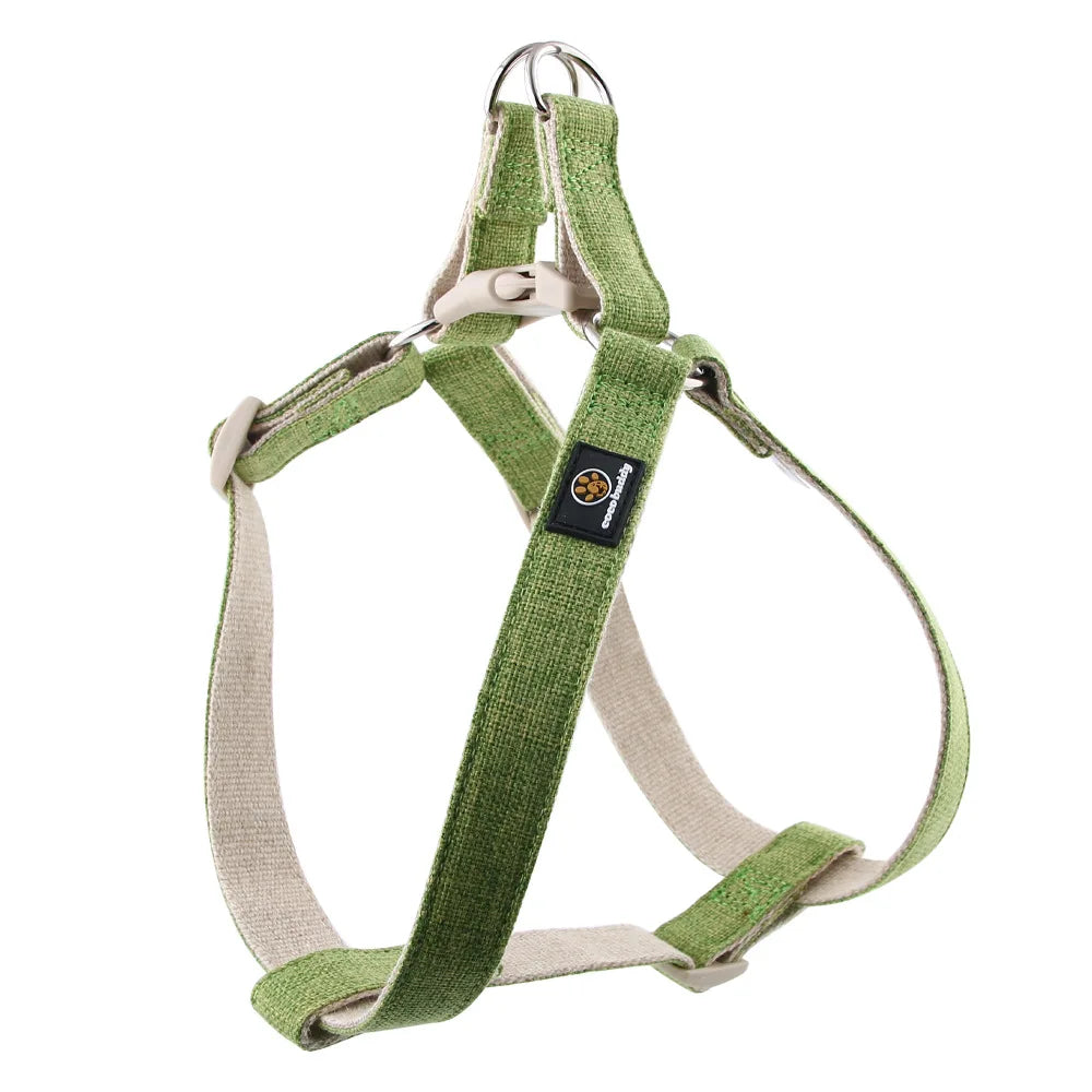 Harnais pour chien coton vert et beige Oscar et Plume ajustable avec anneau metal solide