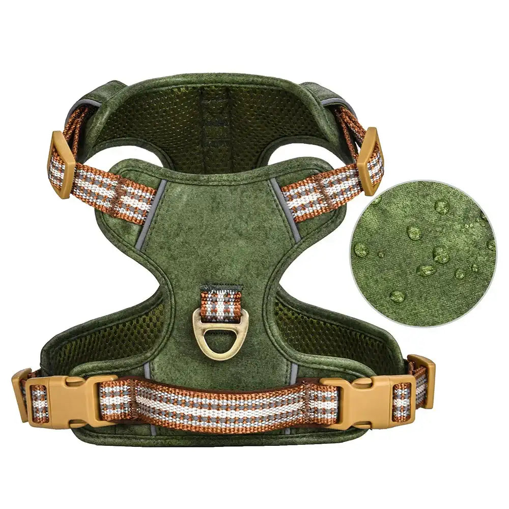 Oscar et Plume harnais pour chien moyen et grand vert rembourré en velours imperméable avec anneau D