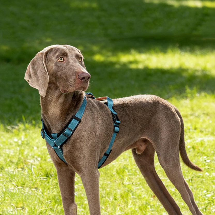 Harnais réfléchissant pour chien Oscar et Plume en bleu pour une meilleure visibilité lors des promenades