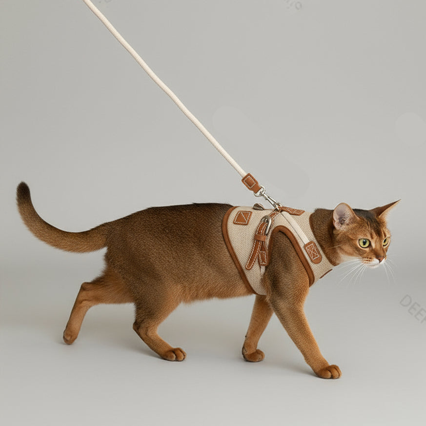 Harnais réglable pour chat en cuir avec laisse, permettant des promenades confortables et sécurisées