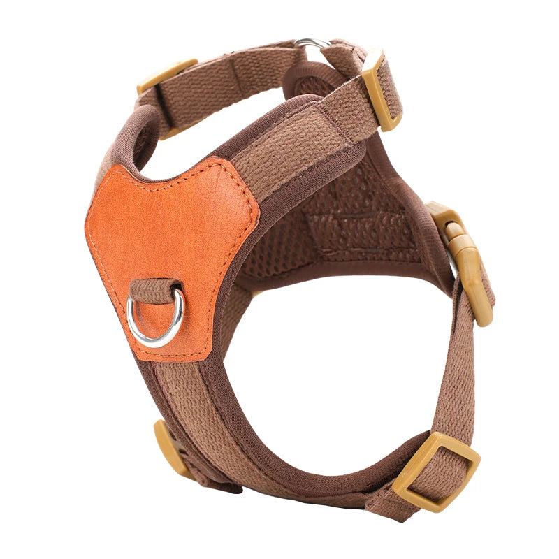 Harnais robuste pour chien Oscar et Plume en nylon marron et renfort cuir orange boucles ajustables et anneau metal