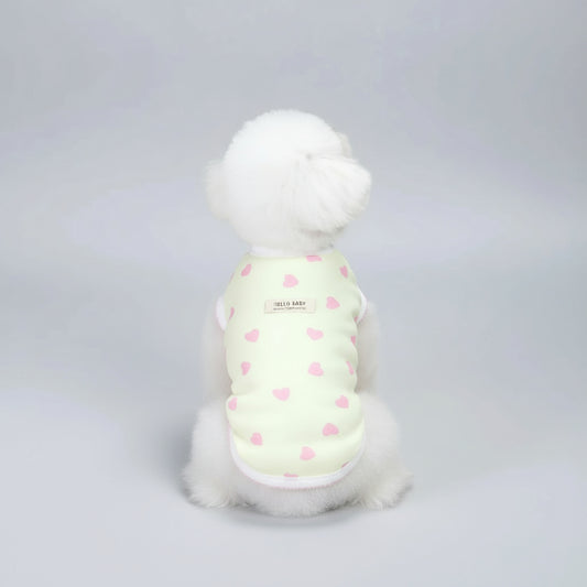 Chien blanc portant un t-shirt élégant pour chien à motifs de cœurs roses sur fond vert pâle