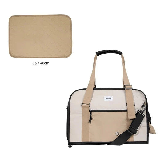 Sac à main souple chien beige avec bandoulière, idéal pour transporter votre animal avec confort